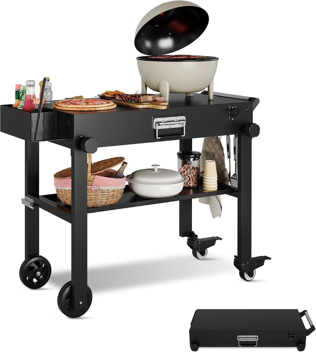 Rvs Keukenkar / Bereidingsstation met Wielen - 86 x 84 cm Werkblad - Roestvrij Staal - Max 230 kg - Bakkeuze & Handdoekhouder - Terras & BBQ