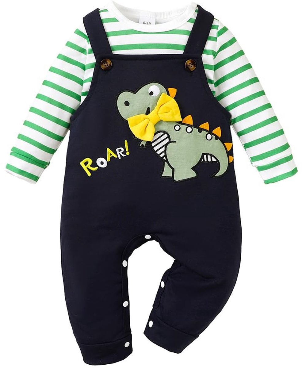 Solidchoice - Set van Lange Mouwen T-shirts en Dungarees voor Baby Jongens met Dino Print