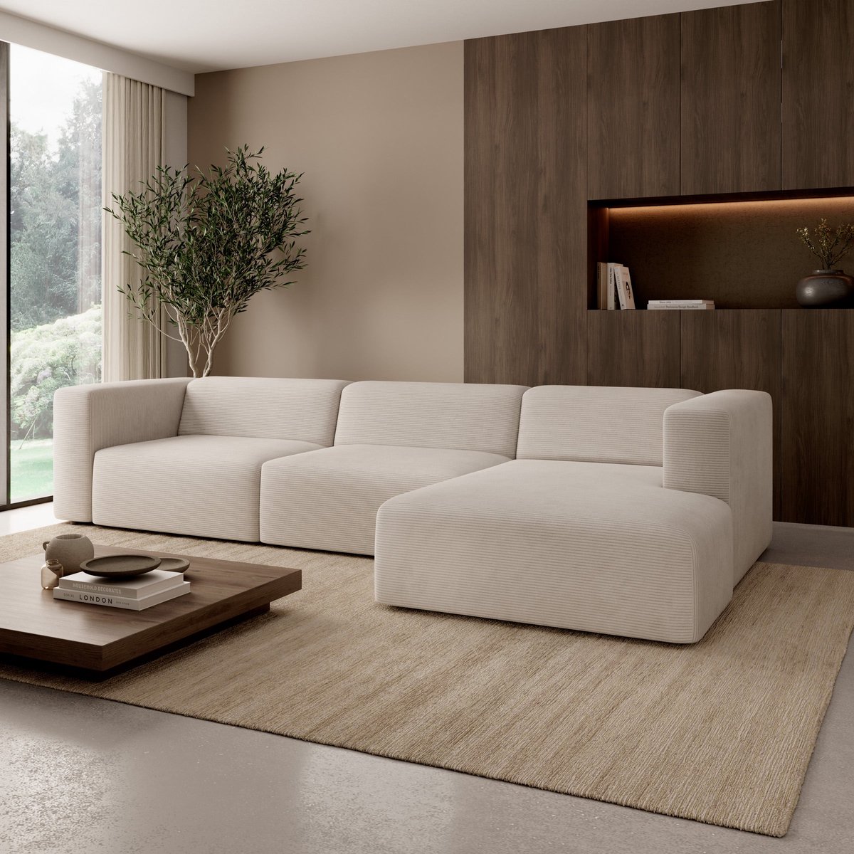 Meubella - Pruveldo L - Hoekbank 4-zits - Ribstof beige - Rechts