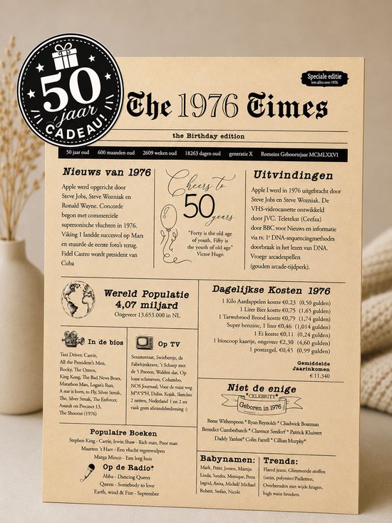 Een poster die eruitziet als een oude krant met het jaartal 1976, koppen, artikelen en een cirkelvormige illustratie met '50 jaar'.