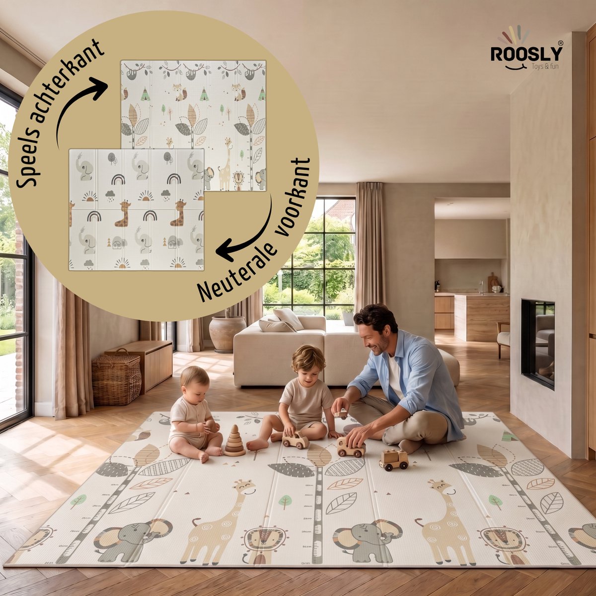 Roosly Speelmat Baby - Speelkleed Baby - Foam mat XPE 180 x 200 cm Dubbelzijdig en opvouwbare - Inclusief Opbergtas - babygym - kruipmat - playmat - speelgoed - Veilig & Zacht - model Safari – foto 6