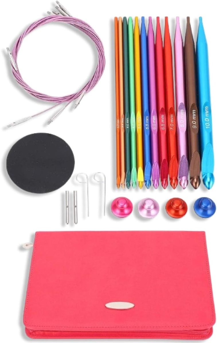 Tunisian Haaknaalden Set van 12 Stuks met Kabel, Kleurige Interchangeable Haaknaalden voor Breien en Haken