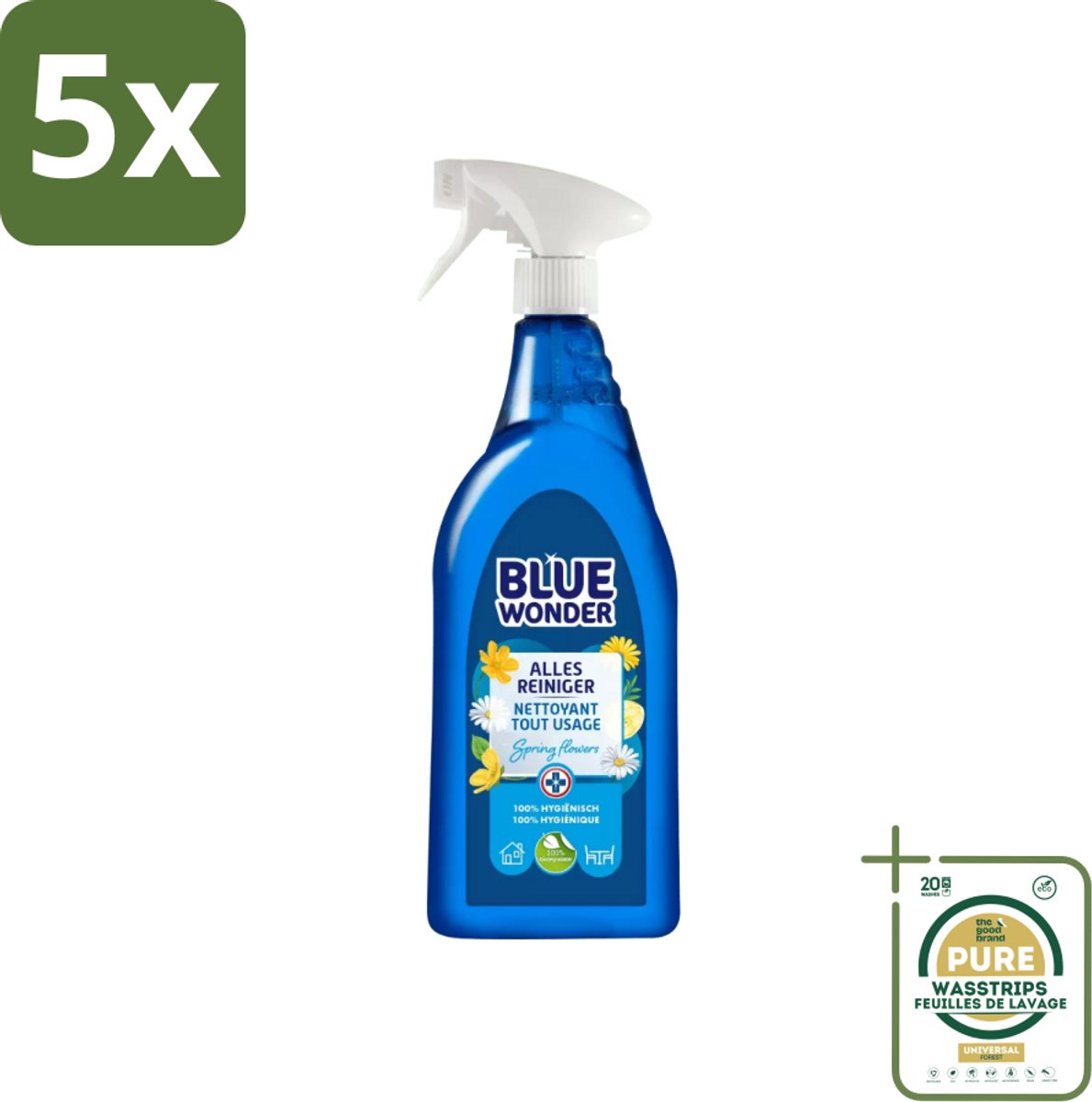 5 x Blue Wonder - Allesreiniger - Lente Bloemen - Hygiënisch - Biologisch Afbreekbaar - 750 ml - Grootverpakking - Allesreiniger - Reinigings Spray - Lentegeur - Natuurlijke Reiniger - Biologisch Afbreekbaar