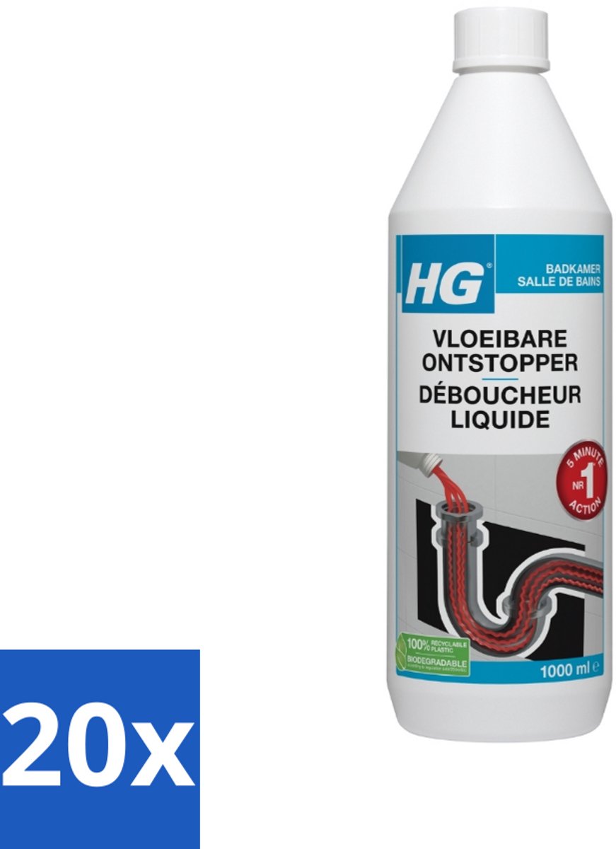 20 x HG Vloeibare Ontstopper 1 liter - Ontstopper - Badkamer - Verstopping - Wasbak - Toilet