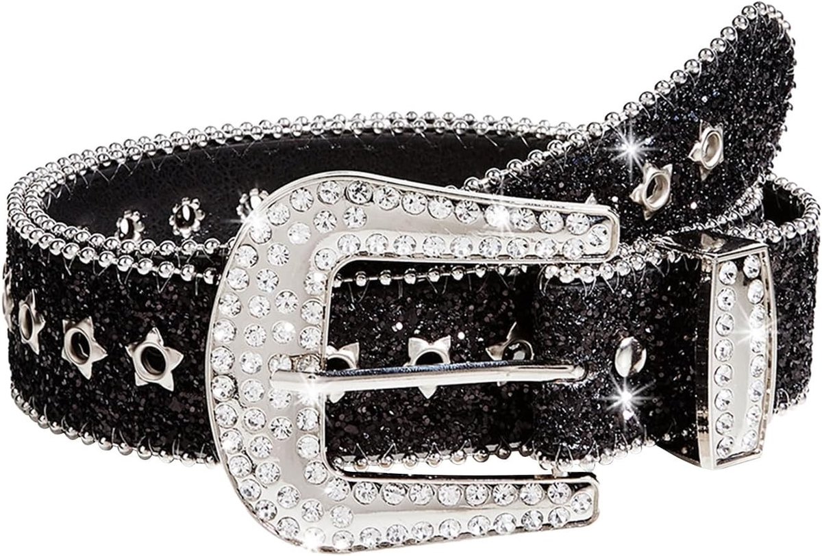 Rhinestone Studded Leren Ceintuur voor Vrouwen - Cowgirl Cowboy Glitter Riem voor Jeans en Jurken - Punk Fashion Accessoire in Zilver en Zwart