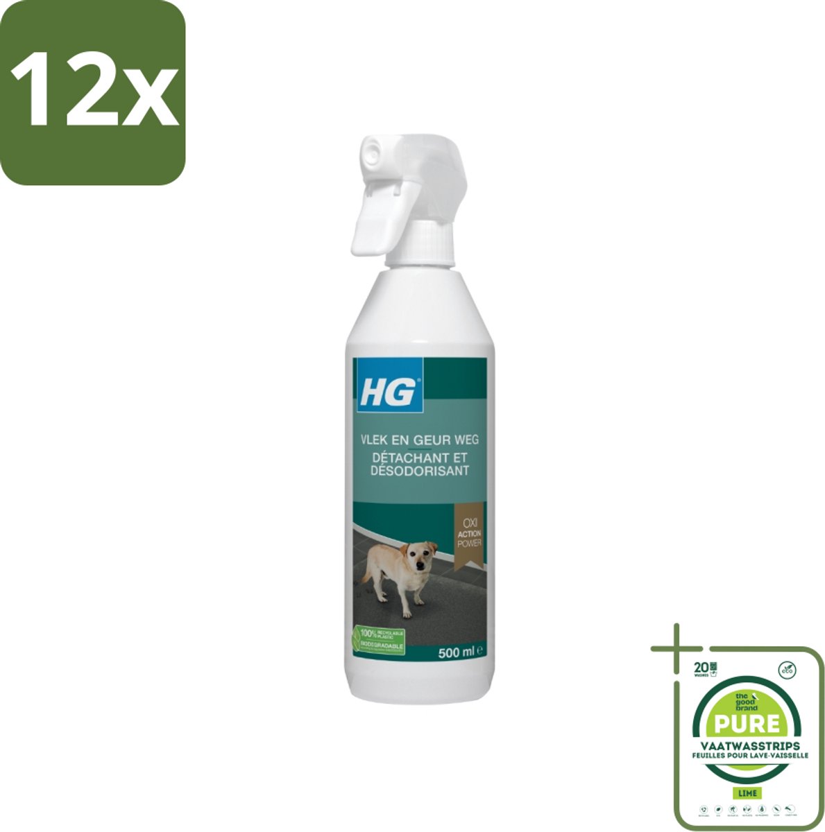 HG - Vlek & Geur Weg Spray - Hond - Oxi Action Power - Hardnekkige Werking - 500 ml - Voordeelverpakking - 12 stuks - Honden vlekken - Hondengeur