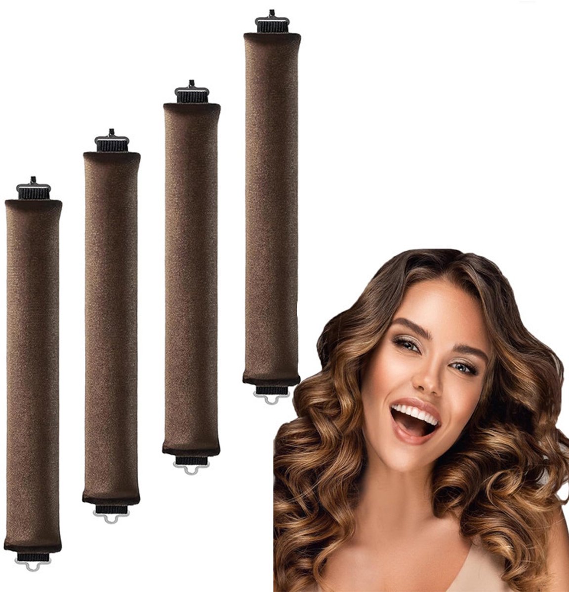 Heatless hair curls set van 4 stuks bruin 3×27cm, satijnen hittevrije haarrollers, volume krullen zonder warmte, geschikt voor alle haartypes