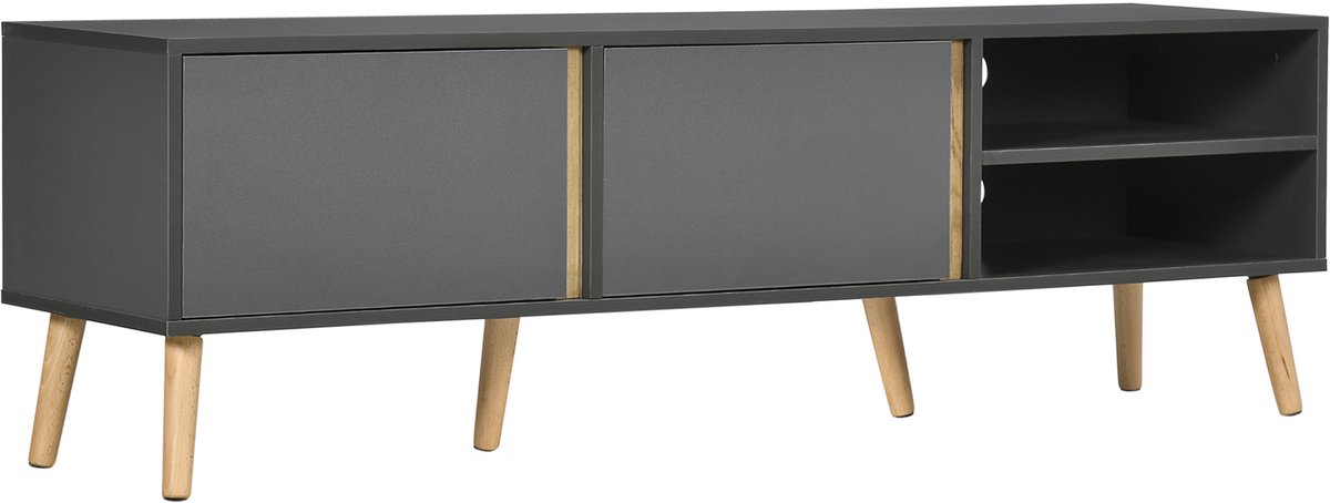 Tv-meubel/bank voor tv's tot 55 inch, Scandinavisch design, 2 deuren, 2 planken met kabelmanagement, 150 x 35 x 45 cm, donkergrijs | TV-bank, 2 deuren, 2 uitsparingen, met kabeldoorvoer, voor tv tot 55 inch