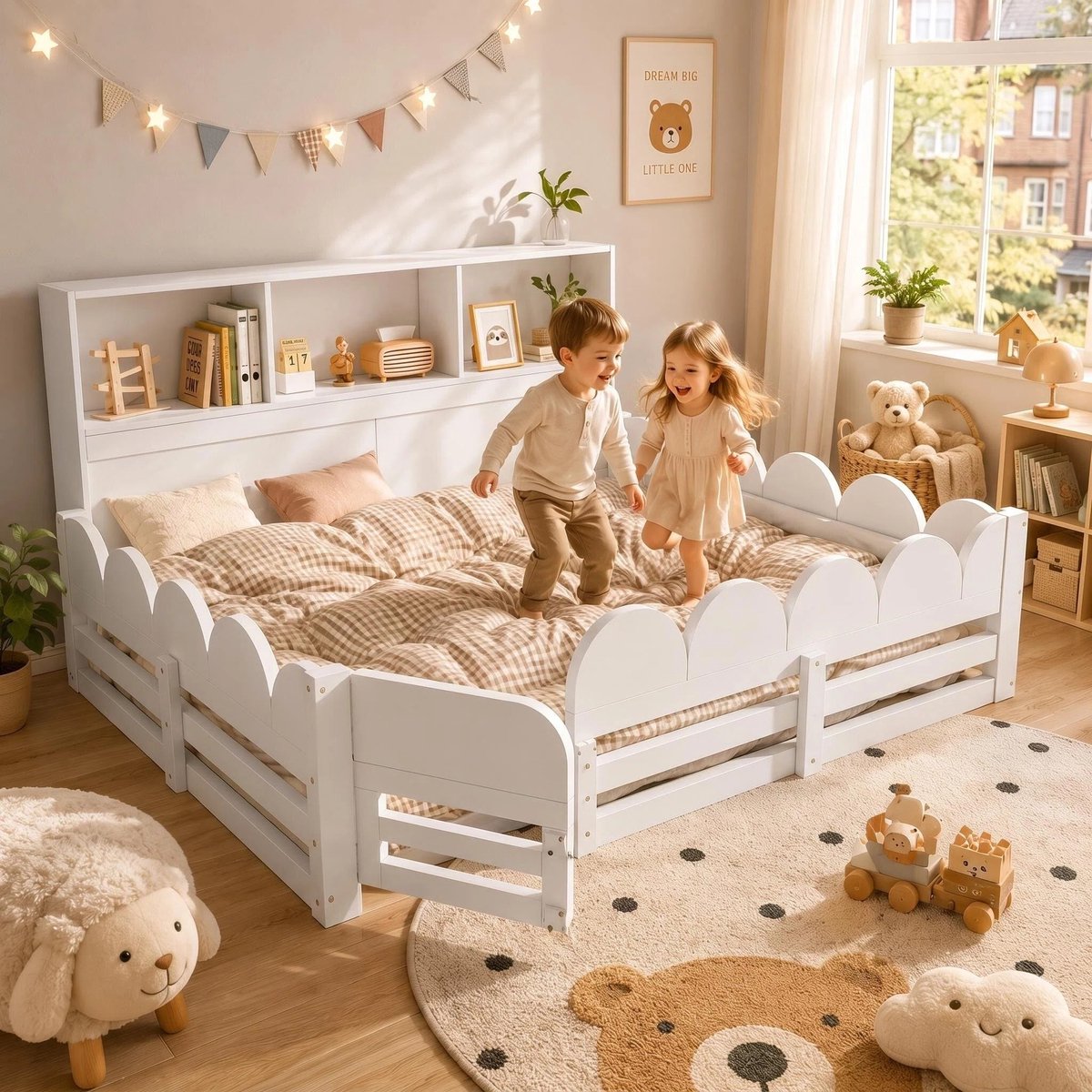 Welltin Tweepersoonsbed 140x190 cm - Dennenhout - Kinderbed 140x190 cm - Montessori vloerbed - Met valbeveiliging en beddeur - Open Insta - Met planken - met opbergruimte - Snel Gemonteerd - wit