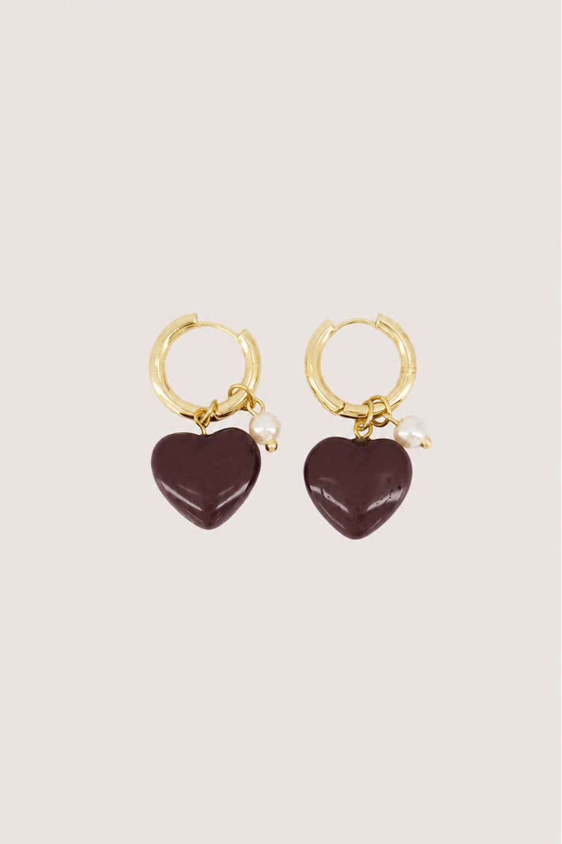 Zusss Earring With Heart And Pearl Resin / Metaal Dark Choco