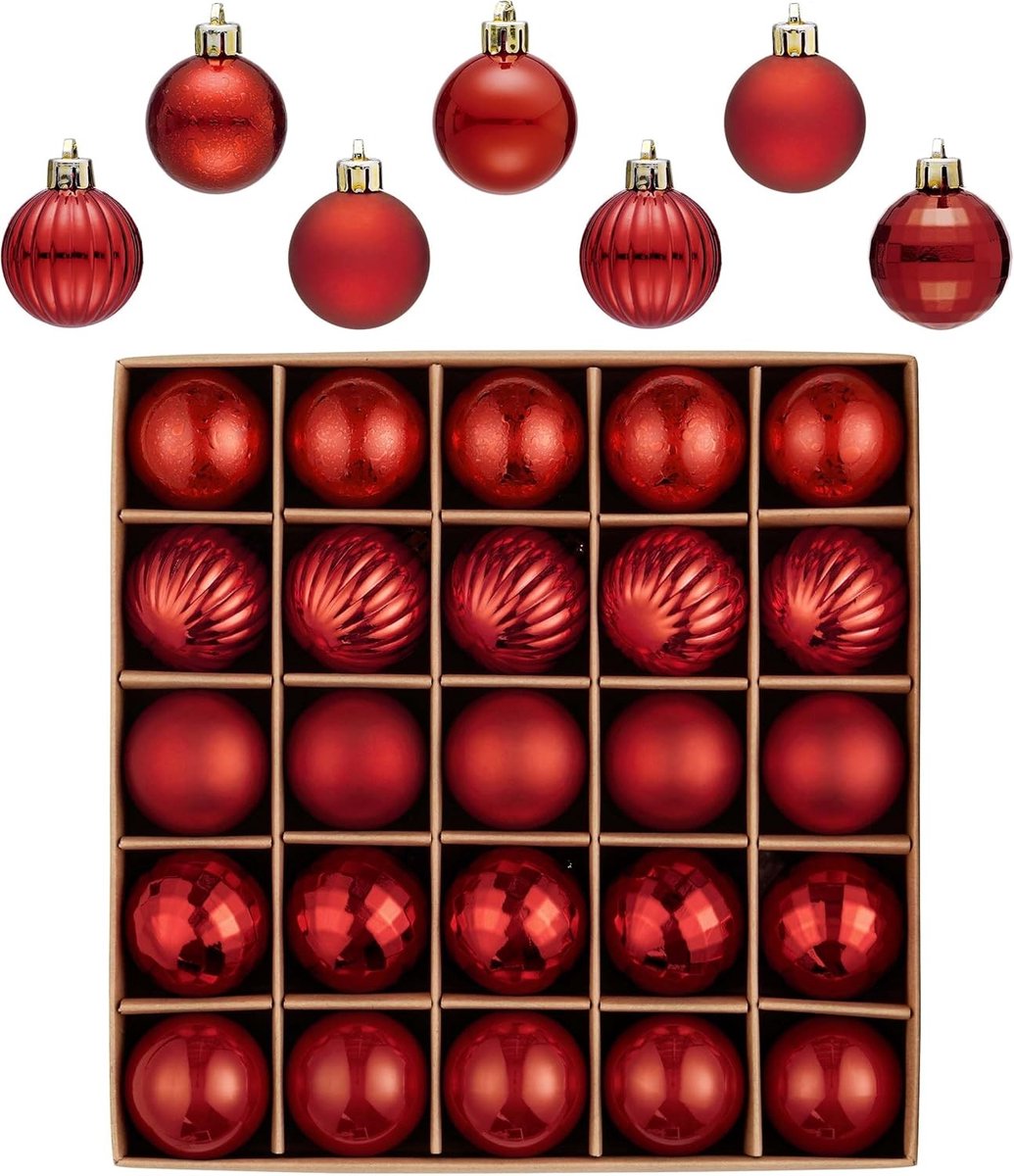Set van 25 Shatterproof Kerstballen van 4 cm in Rood, Mini Kerstversieringen voor de Boom met Hangers, Perfect voor Kerstdecoratie