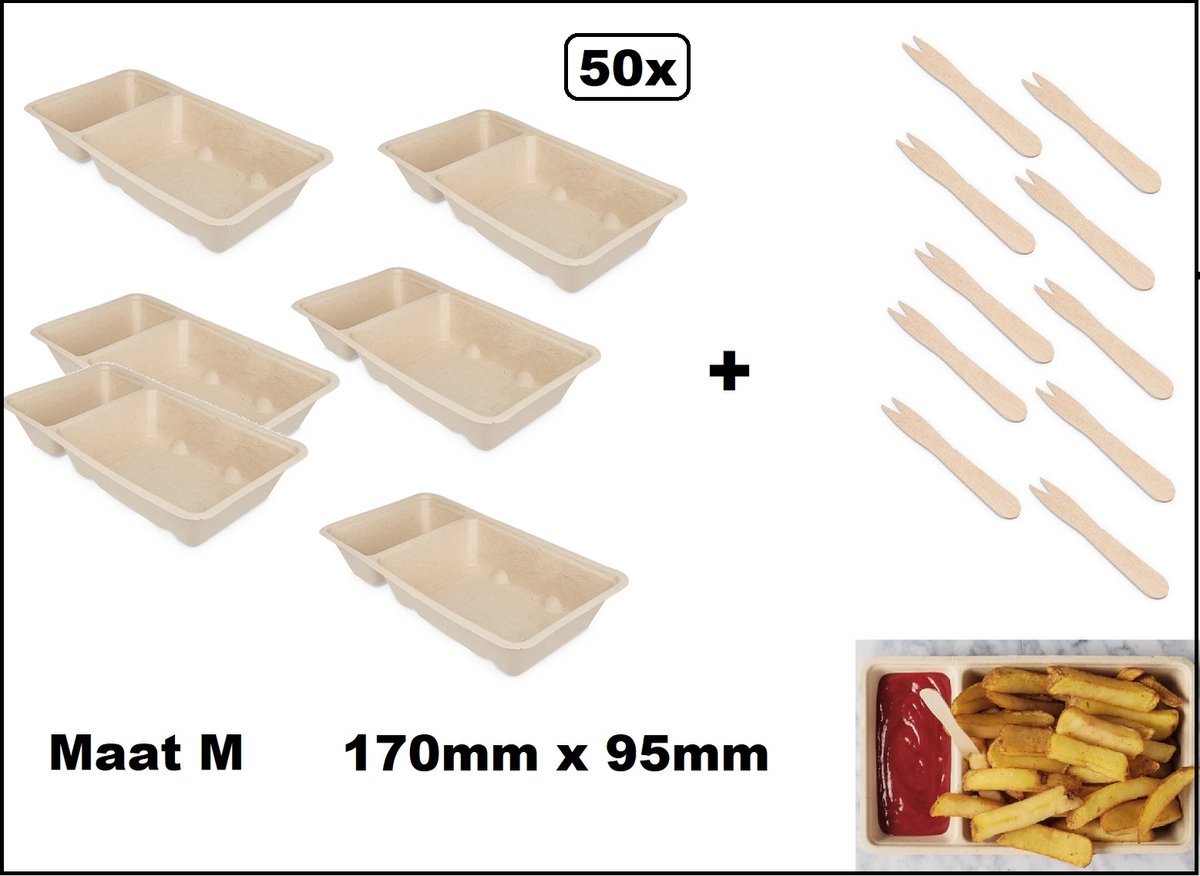 50 stuks Frietbakje met sausvak + snackvork - mt.M - 100% biologisch afbreekbaar - Patat friet frites bakje snack bak food menu A23(A7+1)