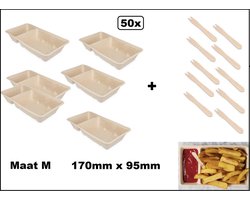 50 stuks Frietbakje met sausvak + snackvork - mt.M - 100% biologisch afbreekbaar - Patat friet frites bakje snack bak food menu A23(A7+1)