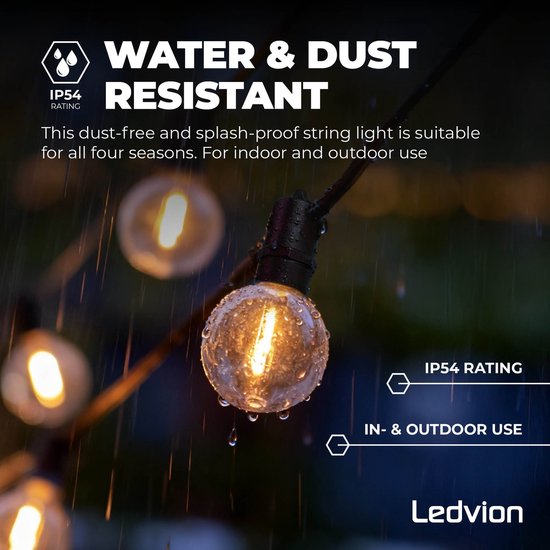Gloeilamp van 42 meter lichtsnoer met waterdruppels, IP54 waterdicht.