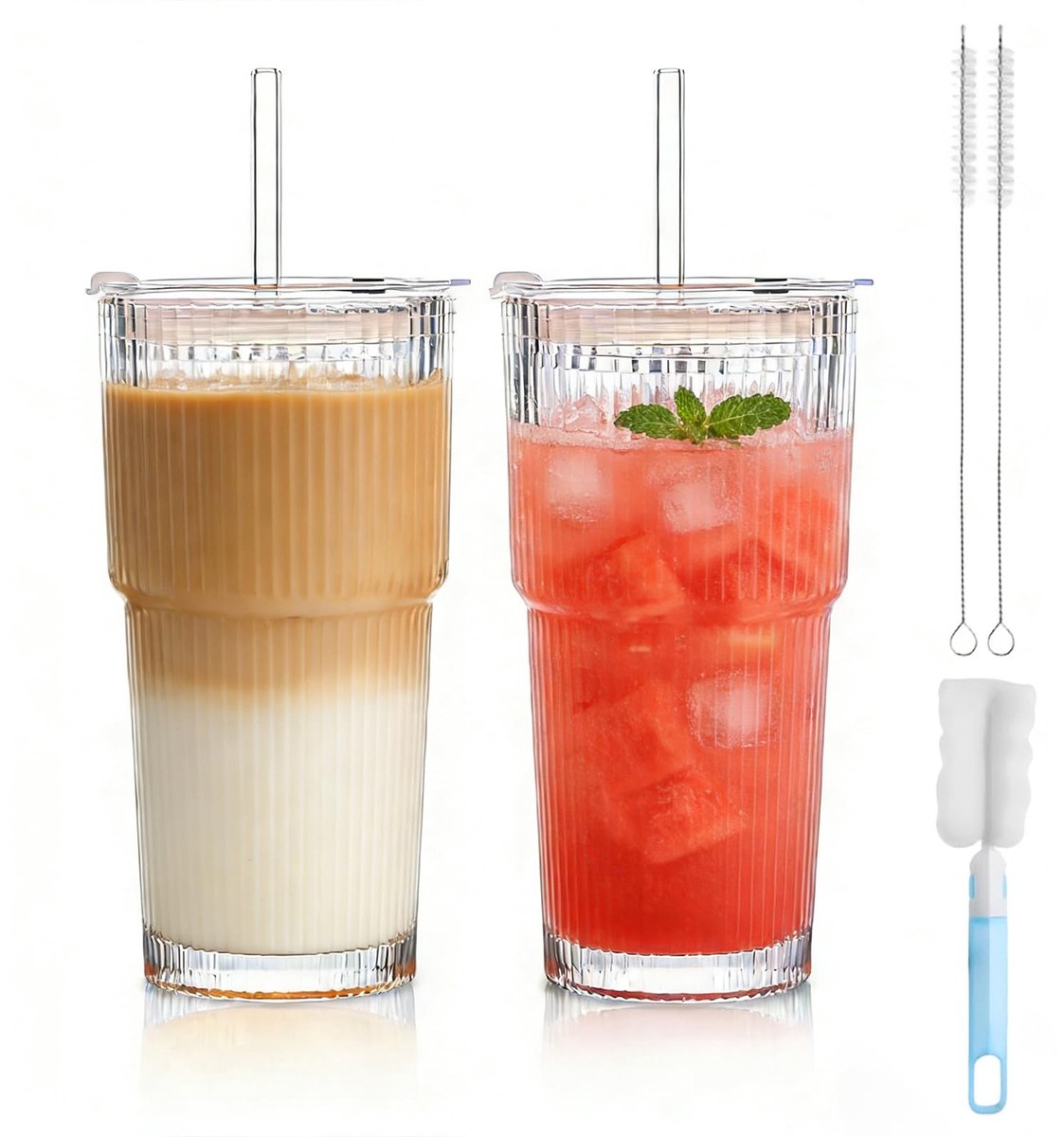 Elzusha - Set van 2 Transparante Glasbekers met Deksel en Rietje
