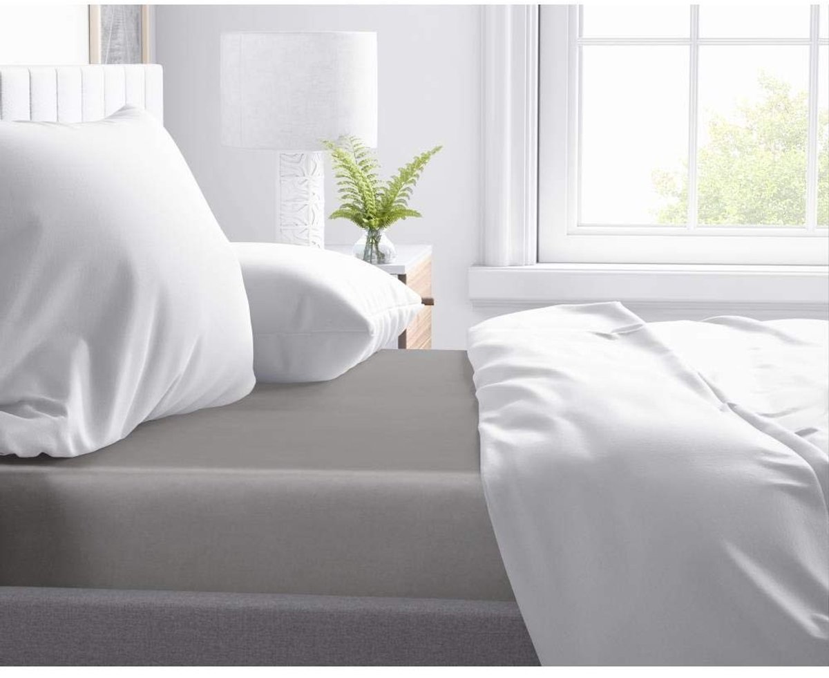 Elzusha - Fitted Sheet 100% Katoen-Satijn - Grijs, Dubbel, 160 x 220 cm