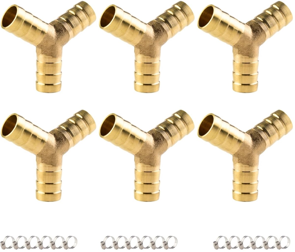 Elzusha- Slangaansluitset 6 Stuks - Messing Connector 3-Weg Y-Vormig - Slangklemmen 18 Stuks - Corrosiebestendig - Hoge Temperatuur Bestendig - Duurzaam - Slangkoppeling