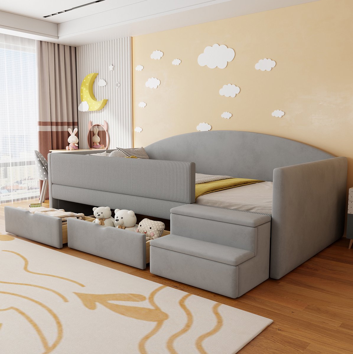 Wishdor Slaapbank 90x190 cm - Met 2 lades en trap - Met uitvalbeveiliging - Modern kinderbed in hellgrijs met lattenbodem en zachte stof - 201 x 98,5 x 69,5 cm