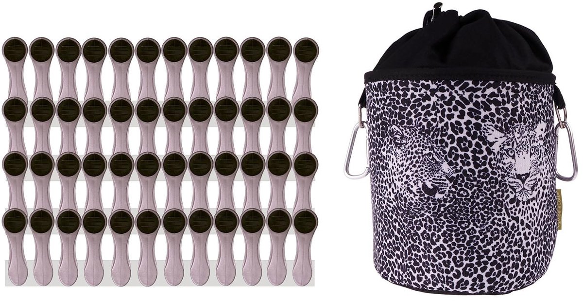 Elzusha - Set van 48 Wasknijpers met Canvas Tas - Leopard Zwart