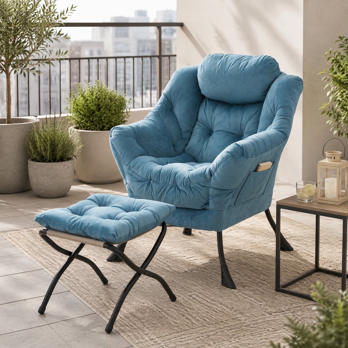 Wishdor Relaxfauteuil met hocker - Met armleuningen en zijvak - Stabiel metalen frame - Comfortabele stof - Woonkamer slaapkamer kantoor - Blauw - 72 x 80 x 93 cm