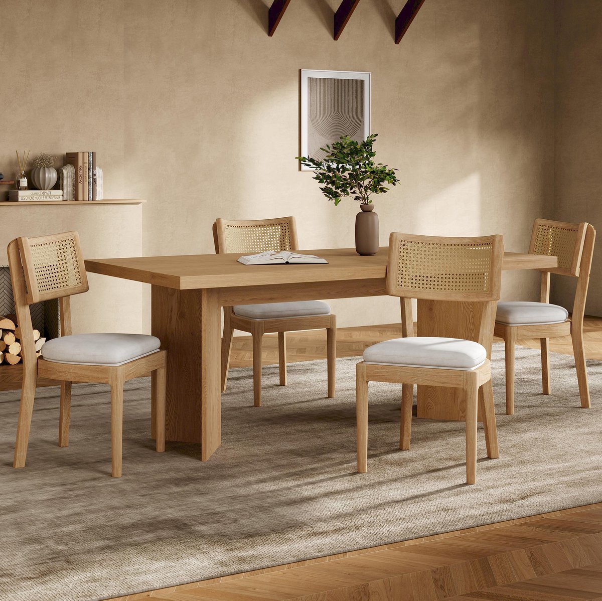 Wishdor Eetkamerstoel - Set van 4 - Rotan rugleuning - Linnen zitting - Modern design - Eetkamer woonkamer cafe - Hout en rotan - Houtkleur - 50 x 58 x 88 cm