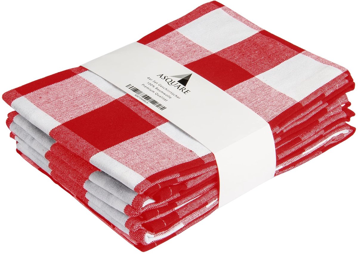 Elzusha - Set van 4 Theedoeken van 100% Katoen in Rood en Wit
