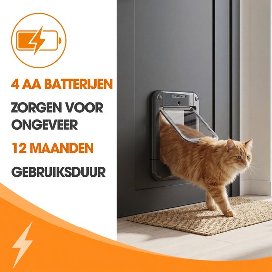 Grijze kattenluik met een oranje flap, waardoor een rode kat loopt. Werkt op 4 AA batterijen (12 maanden).