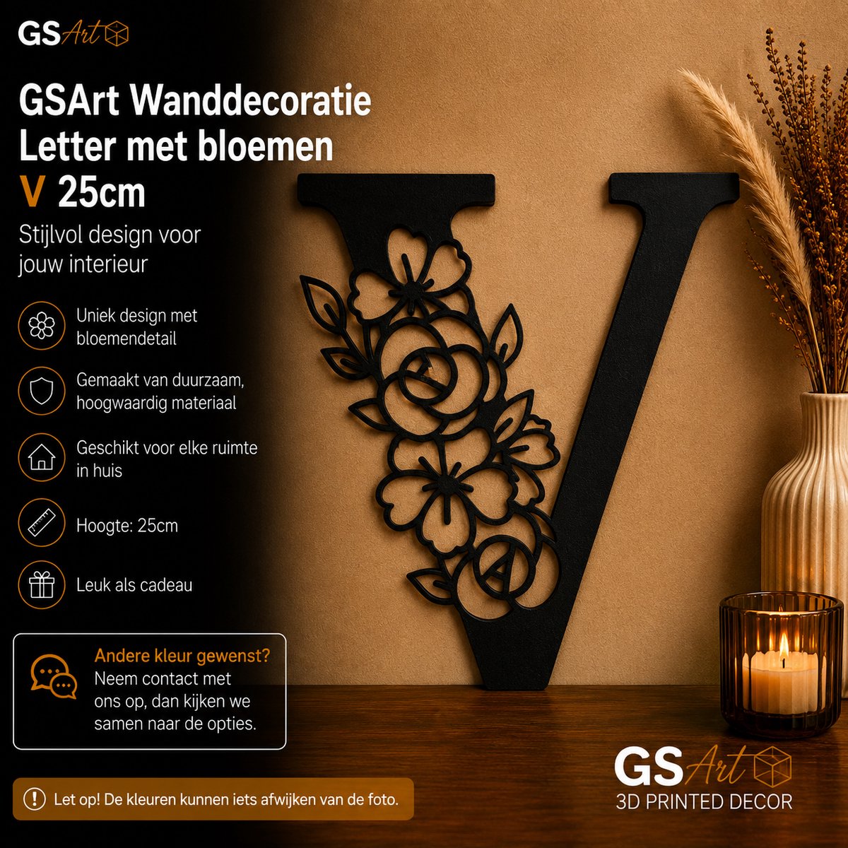 GSArt Wanddecoratie Letter met Bloemen – 25 cm - V