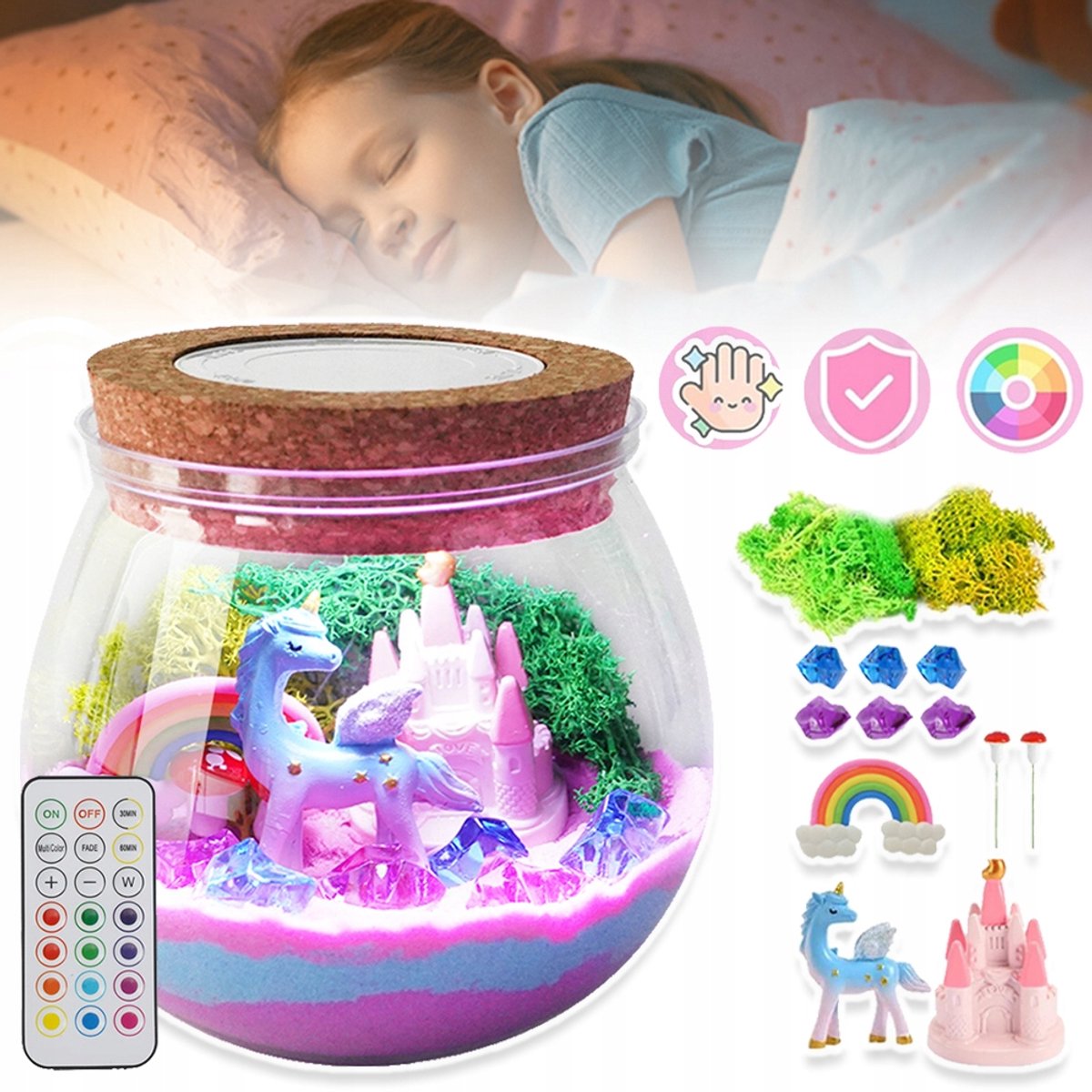 DIY Eenhoorn Kunstset - 13-Kleuren LED-Afstandsbediening Magisch Zand Glazen Terrarium Geconserveerd Mos En Miniatuuraccessoires - Creatief Knutselproject Voor Kinderen Veilig En Niet-Giftig - Perfect Cadeau Voor De Start Van Het Schooljaar