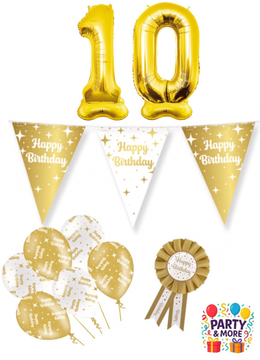 Party & More - 10 jaar - verjaardag versiering - ballonnen - slinger - cijferballon - Luxe Gouden Feestdecoratie Set – Compleet Pakket – versiering - verjaardag