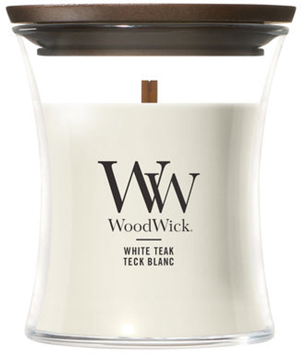 WoodWick Geurkaars Mini Candle - White Teak - 20 branduren - 85gr - 8 cm / ø 7 cm transparent