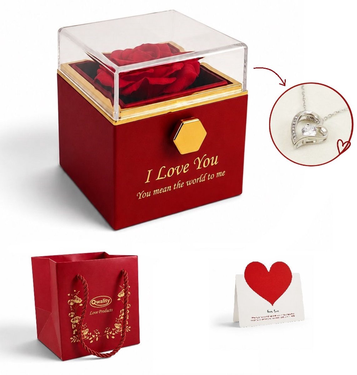 Roos in Luxe Giftbox mét Ketting - Uniek Draaimechanisme - Cadeau voor vriendin moeder haar – Kerst cadeau - Moederdag - Valentijn - Zilverkleurige Ketting - Qwality