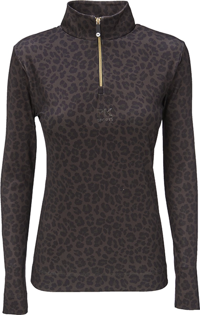 PK International - Vixer - Shirt - Technisch trainingsshirt - sneldrogend - ademend - Panterprint - Hoge kraag - Gouden Ritsje - All Over Coffee - Donkerbruin/Zwart - M/38