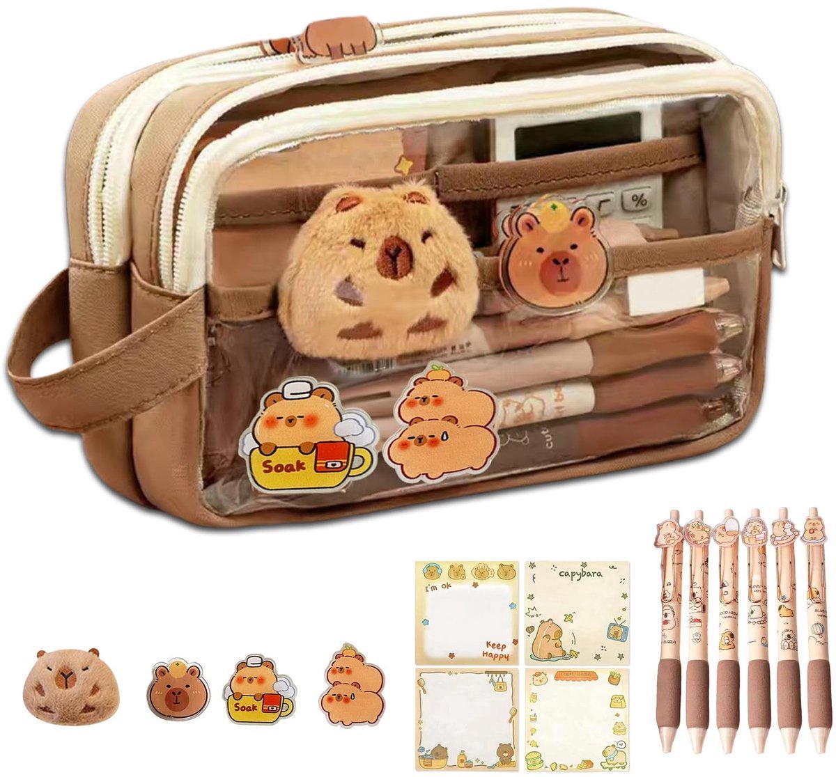 casalora - Capibara etui - Pennenzak - Jongens en Meisjes - Etuis voor school - Met 6 Capybara Pennen & Capybara Knuffel - 5 Lagen - school spullen
