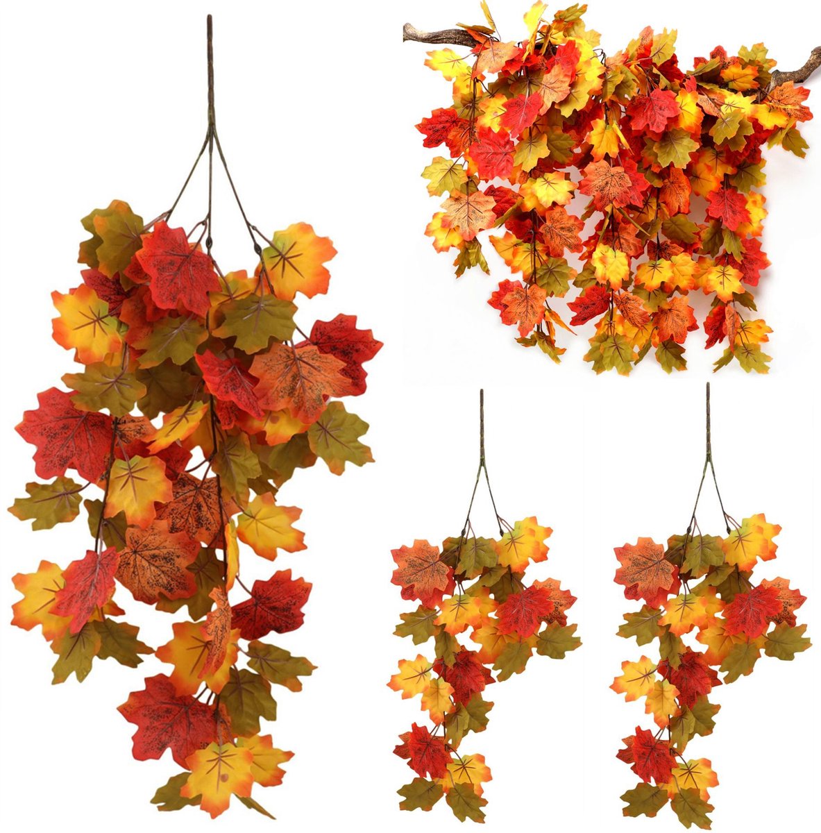 Kunstmatige Esdoornbladtakken – Herfstdecoratie met Rode, Oranje & Gele Bladeren – Kunsttakken voor Muur, Deur, Tafel & Krans – 1 Tak 75 cm + 2 Takken 61 cm – 3 Stuks