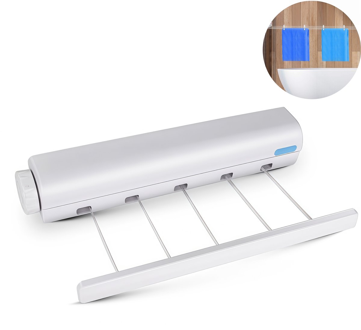 1 stuk - uittrekbare waslijn - elastische drooglijn - ophang‑wasrek - automatisch intrekbare waslijn met veermechanisme - 5 touwen - afmetingen 36,8 x 6,3 x 6 cm - Geschikt om kleding te drogen op het balkon - willekeurig roze of blauw