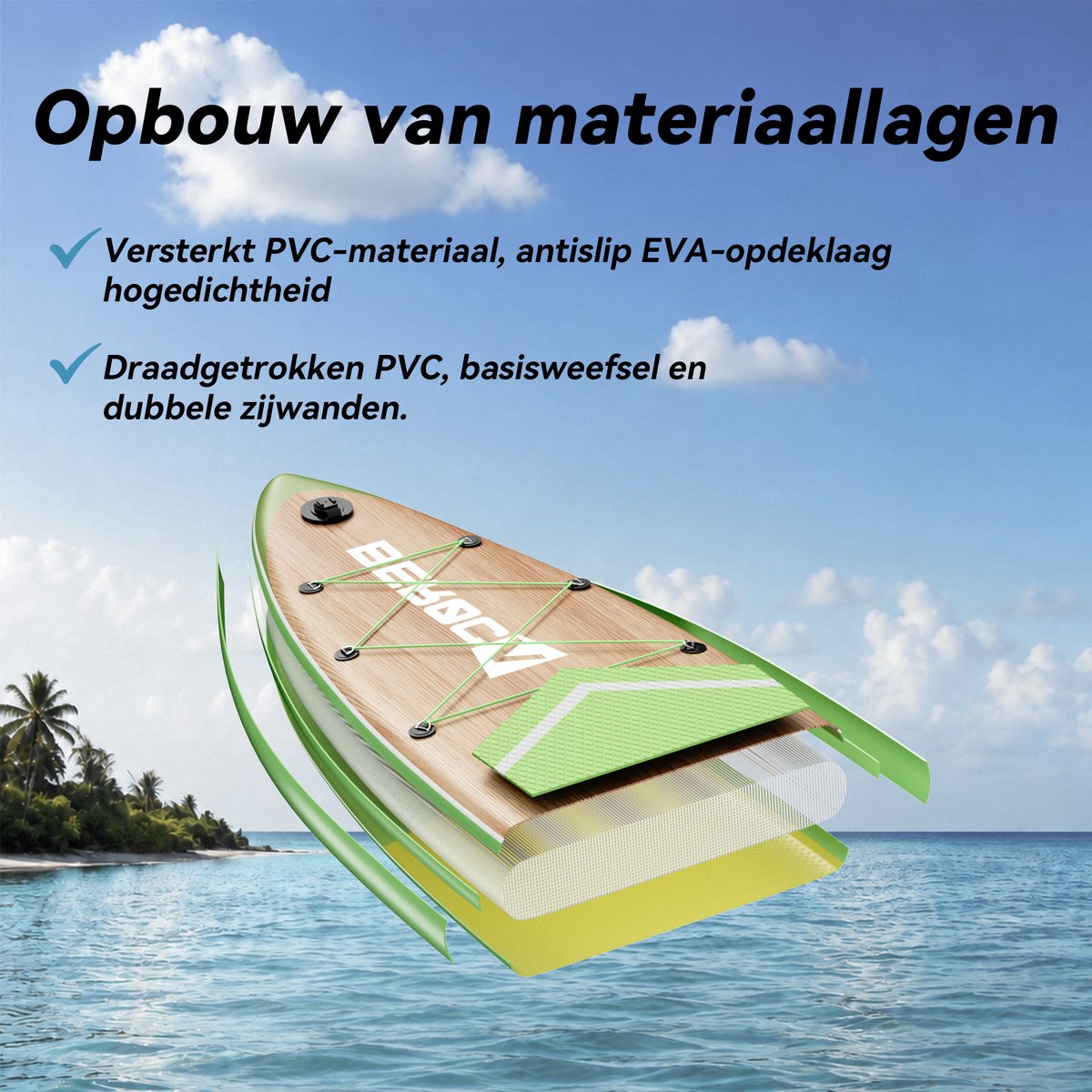BEROCA SUP Board - met Zitje - Sup Board Opblaasbaar - Complete Set - 320x81cm - Max. 160 kg - Houtnerf Geel – foto 6