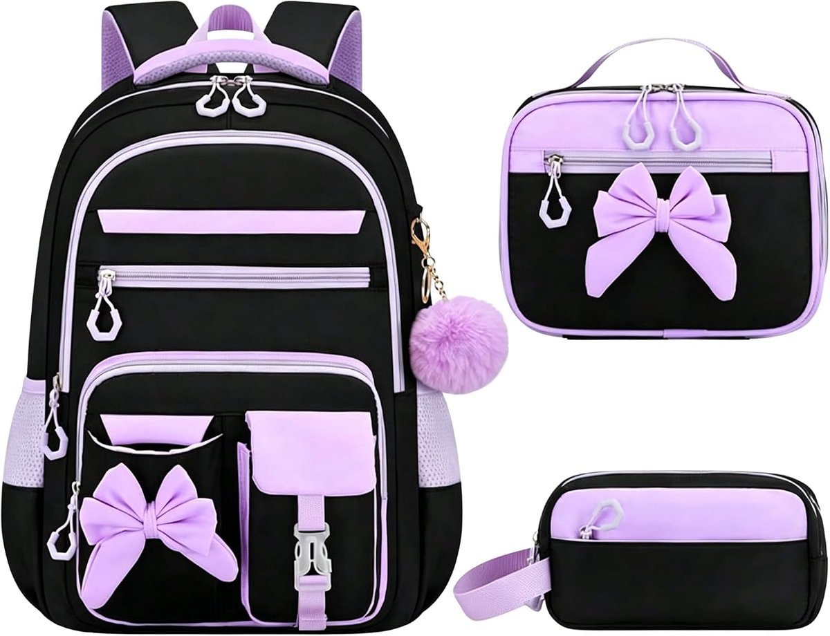 Schooltas voor meisjes - 3 delige schooltasset voor kinderen - Rugzak kind- met lunchtas en etui - schattige vlinder schooltas - Oxford stof - geschikt voor basisschool- en middelbare scholieren - 30*10*45 cm - Zwartpaars