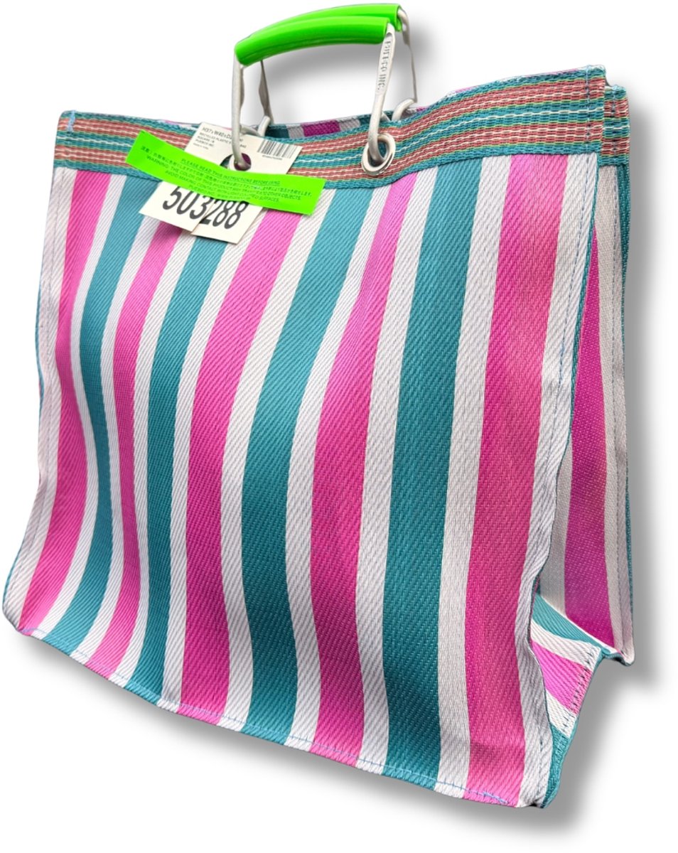 PUEBCO - retro tas - groen x roze - vierkant - strepen - 100% recycled plastic - boodschappentas - strandtas