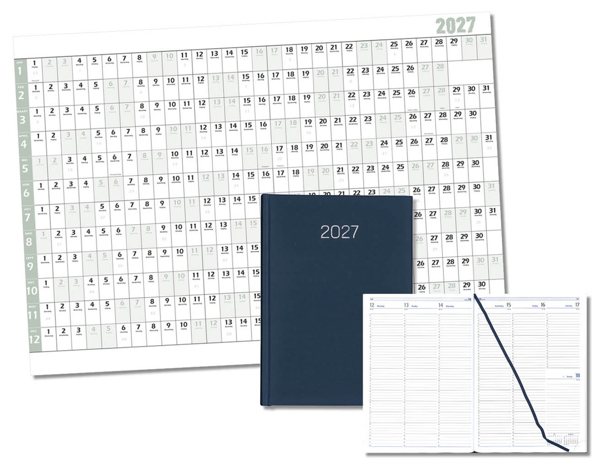 MGPcards - Bureau Week-agenda 2027 - H46 - A4 - 1 week 2 pagina's - Nederlandstalig - Gewatteerde omslag - 21 x 30 cm - Mat Donkerblauw + Jaar kalender - Kalender 2027 - Wandplanner - Jaarplanner - Grote planner - A1 formaat - Poster - 84 x 60 cm