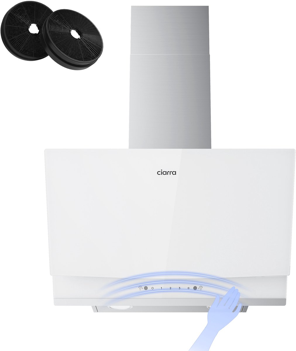 CIARRA CBCW6736A - A+++ 710 m³/u Schuine Afzuigkap 60 cm Wandkappen 3 Standen SensorTouch Bediening& handgebarenbediening Recirculatie met Koolstoffilter & AfvoerWit