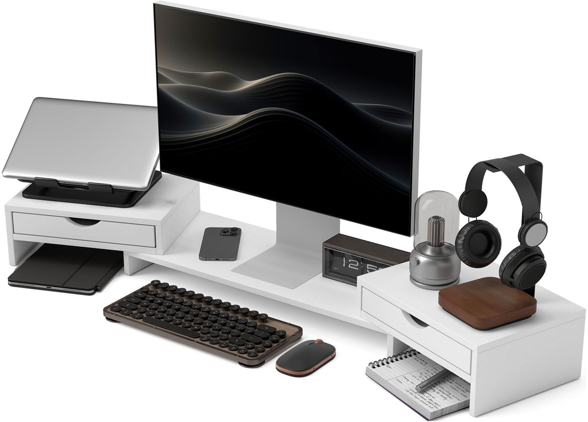 PC-monitorverhoger desktop computermonitorstandaard 60-116 cm monitorstandaard met 2 laden, lengte en hoek verstelbaar, voor laptop, computer, pc, wit