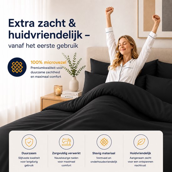 Komfortec Premium Dekbedovertrek 240x220 cm + 2x Kussensloop 60x70 cm - 100% Microvezel - 90 g/m² - 2-Delige Superzachte Beddengoedset - met Rits - Zwart van Merkloos — afbeelding 4