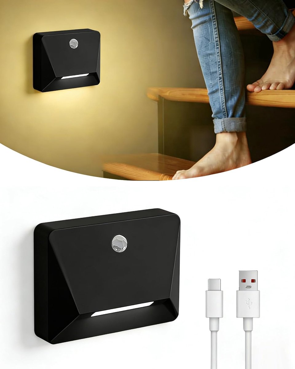 Oplaadbaar LED‑traplicht met bewegingsmelder, link‑modus, 3000K warm wit, USB‑C oplaadbaar 2200mAh, tot 60 dagen werktijd, draadloos nachtlampje voor trappen, gangen en slaapkamer, zwart [Energieklasse E]