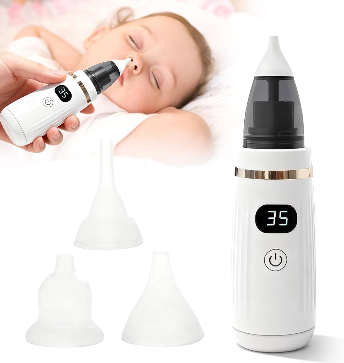 Elektrische Baby-neusreiniger – Elektrische Neusaspirator voor Baby – met 5 Zuigstanden – 3 Siliconen Neusstukken – USB Oplaadbaar – Hygiënisch en Gemakkelijk Schoon te Maken – voor Zuigelingen en Kinderen