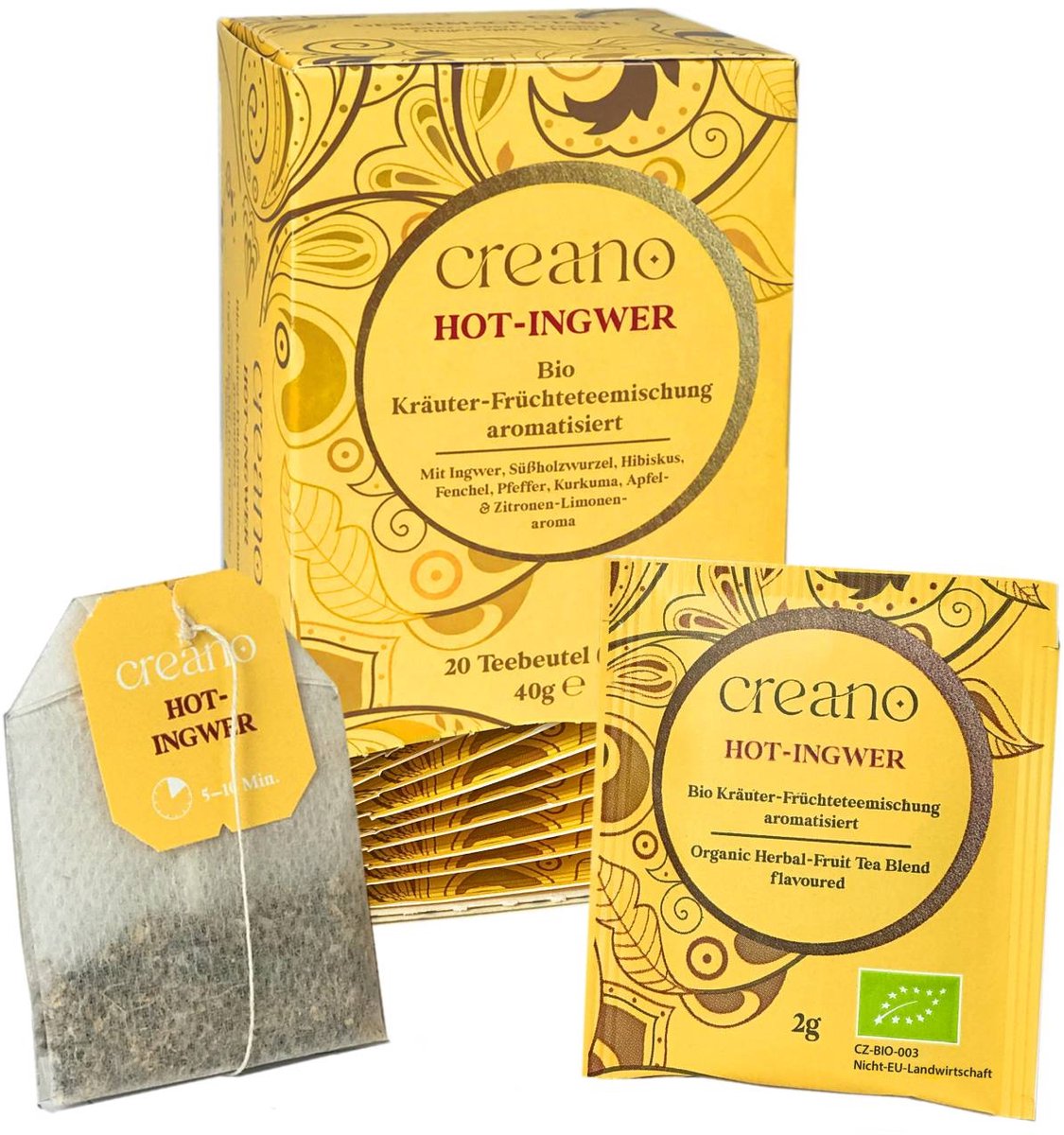Creano biologische thee HOT GINGER, kruidenfruittheemix, biologisch theezakje theepakket van 3 (3x 20 zakjes) *¹