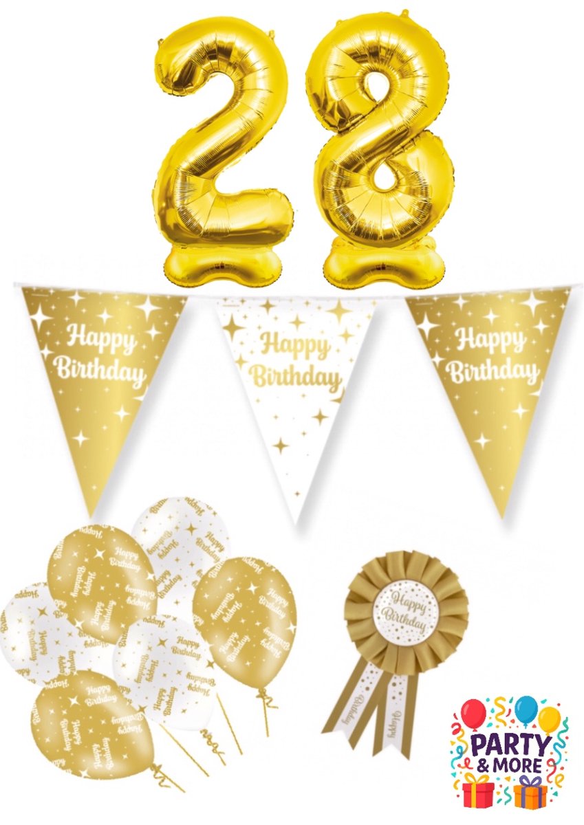 Party & More - 28 jaar - verjaardag versiering - ballonnen - slinger - cijferballon - Luxe Gouden Feestdecoratie Set – Compleet Pakket – versiering - verjaardag