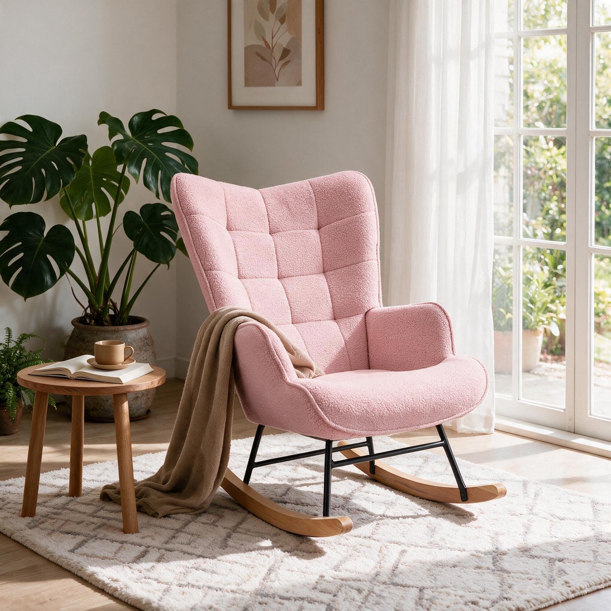 Schommelstoel in pluche stof, Relaxfauteuil, Fauteuil, Loungestoel met hoge rugleuning, Verpleegstoel Schommelstoel voor woonkamer, slaapkamer en balkon, Roze