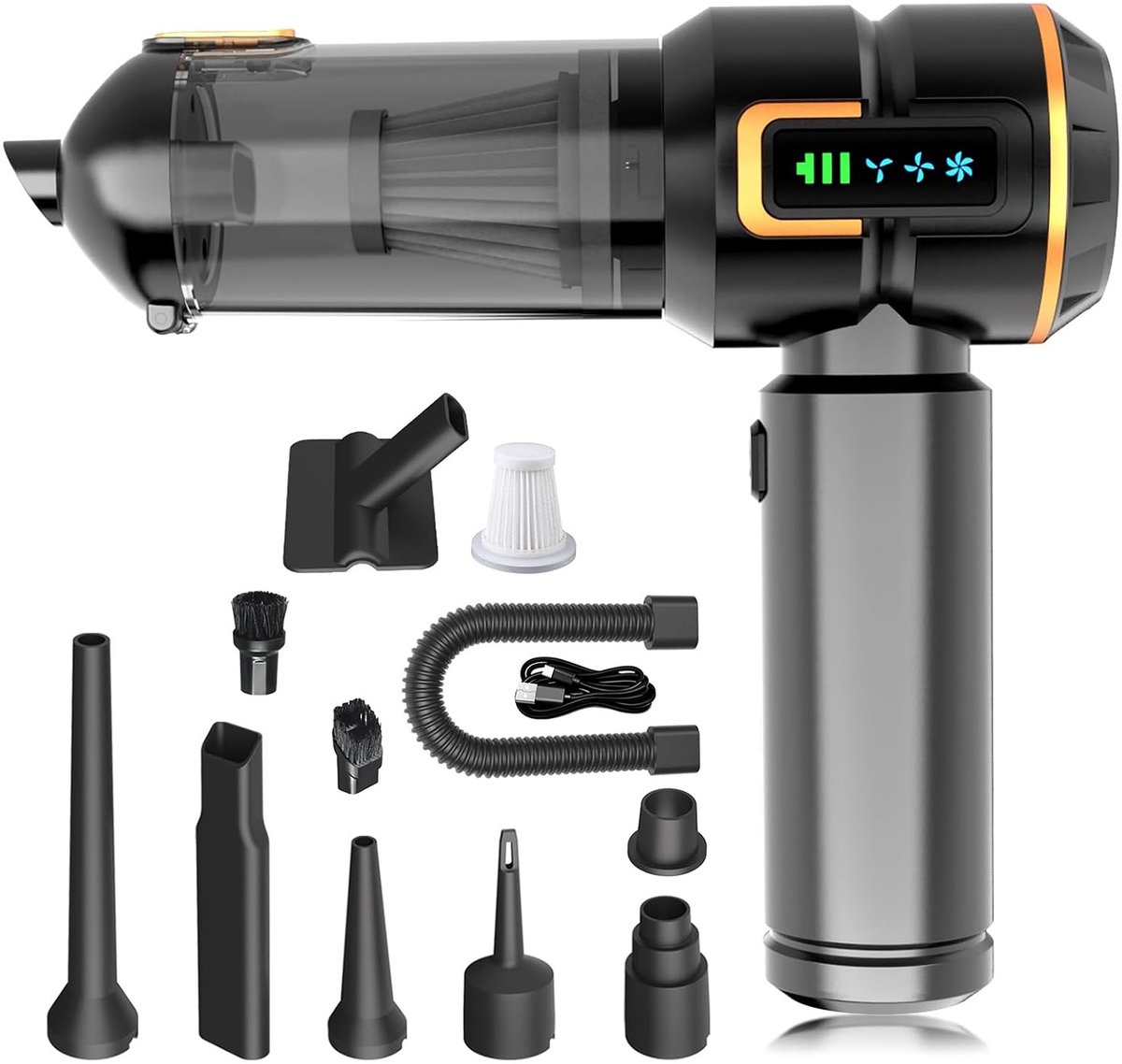 Wishdor Handstofzuiger auto 16000Pa - Draadloze kruimeldief met blaas- en zuigfunctie - Met 9 opzetstukken en LED display - Voor auto en thuis - Zwart goud - 21,4 x 4,8 x 20 cm