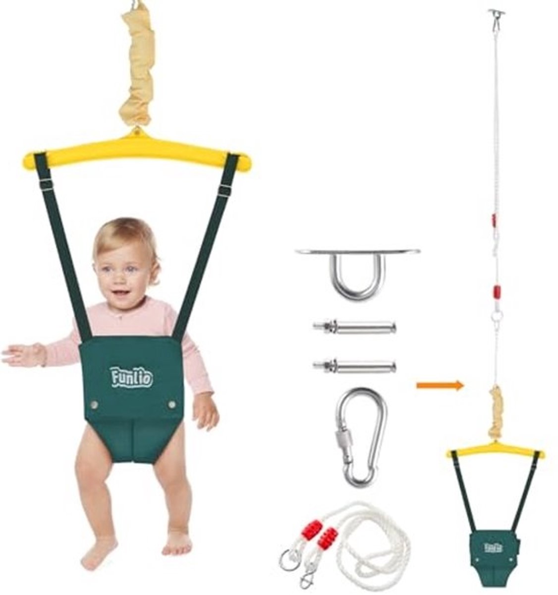 Baby deurhopper met plafondhaak voor 6-24 maanden - babyspringschommel voor binnen en buiten, instapmodel met verstelbare ketting